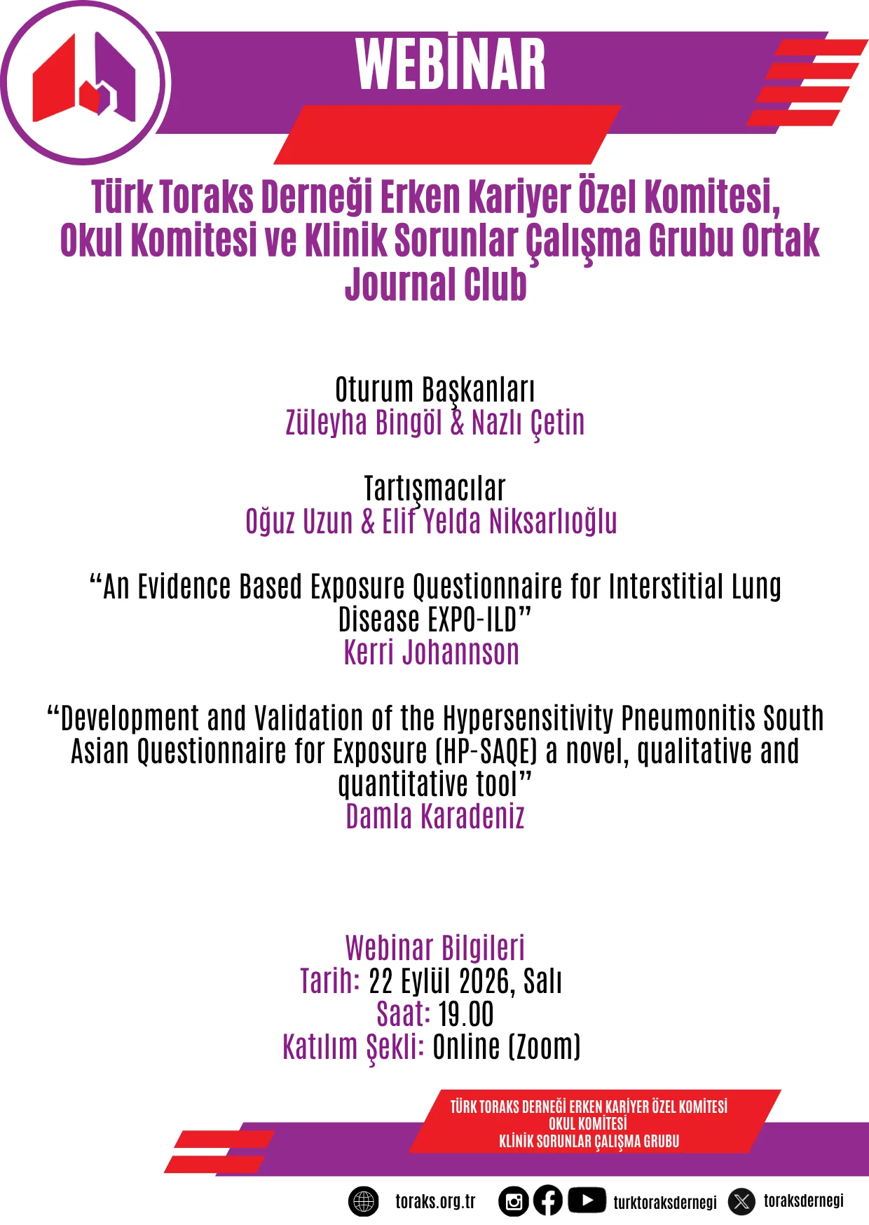 Türk Toraks Derneği Erken Kariyer Özel Komitesi, Okul Komitesi ve Klinik Sorunlar Çalışma Grubu Ortak Journal Club Duyurumuz