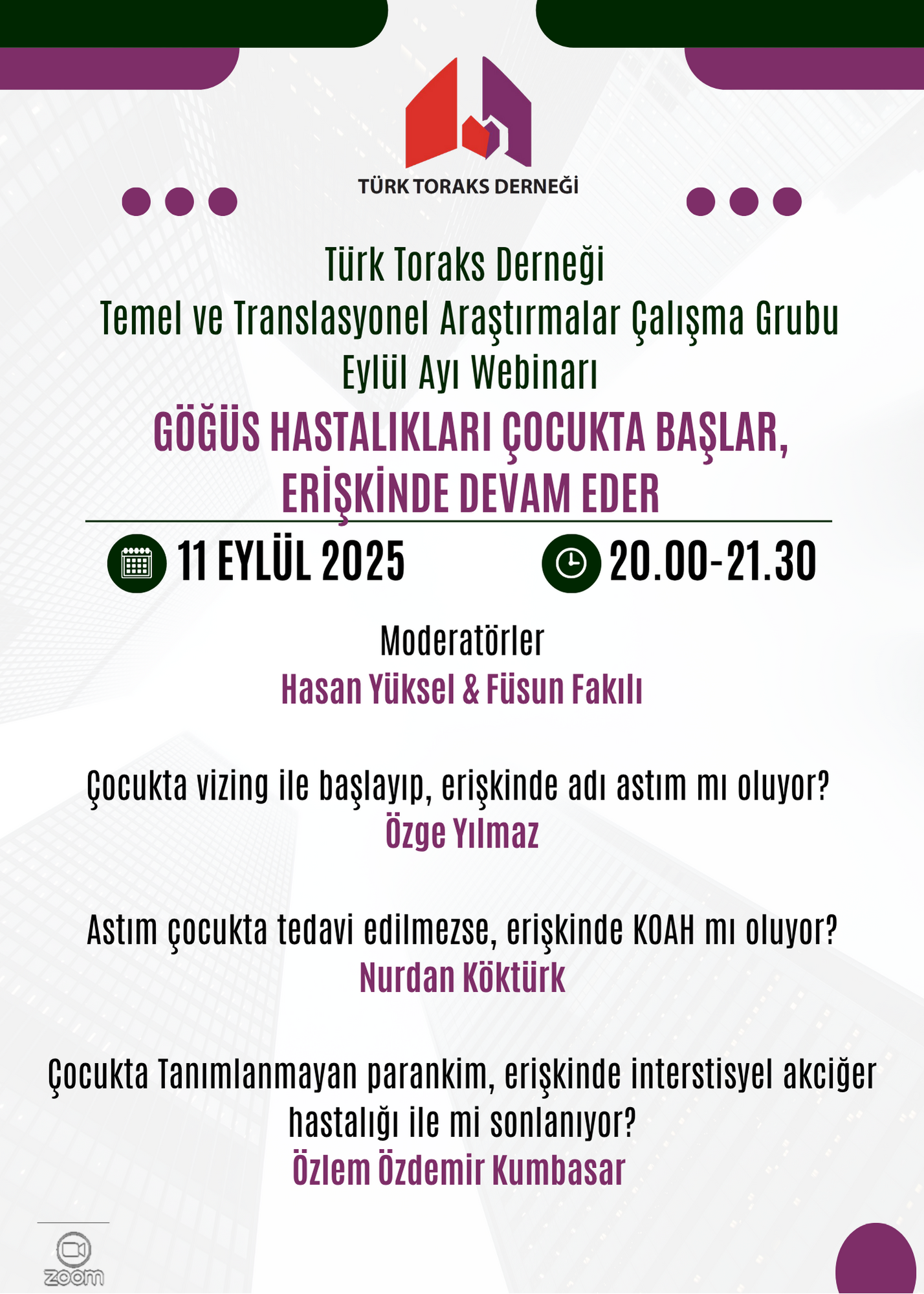 Türk Toraks Derneği Temel ve Translasyonel Araştırmalar Çalışma Grubu Eylül Ayı Webinar Duyurumuz: 