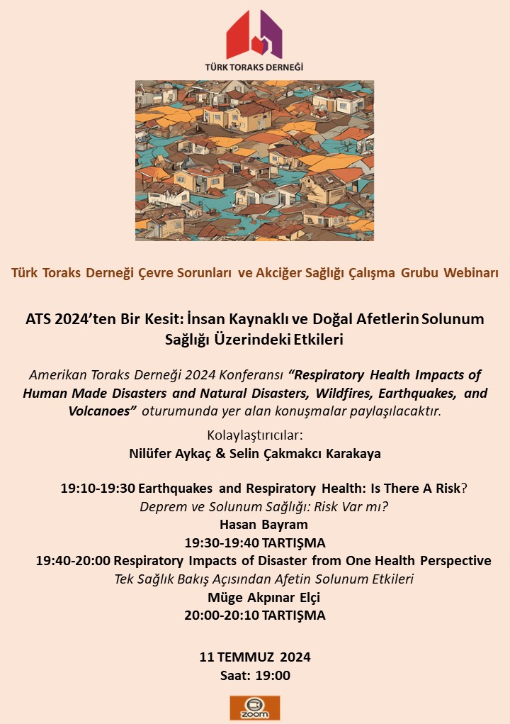Türk Toraks Derneği Çevre Sorunları ve Akciğer Sağlığı Çalışma Grubu Temmuz Ayı Webinar Duyurumuz: “ATS 2024’ten Bir Kesit: İnsan Kaynaklı ve Doğal Afetlerin Solunum Sağlığı Üzerindeki Etkileri”